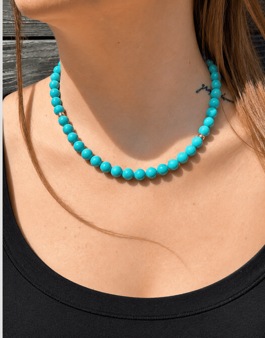 14k Gold x 9mm Sleeping Beauty Turquoise Beaded Choker - Kingdom Jewelry