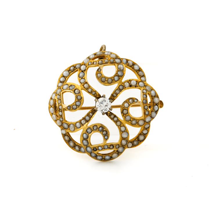 14k Gold x Antique White Sapphire & Pearl Spiral Brooch - Kingdom Jewelry