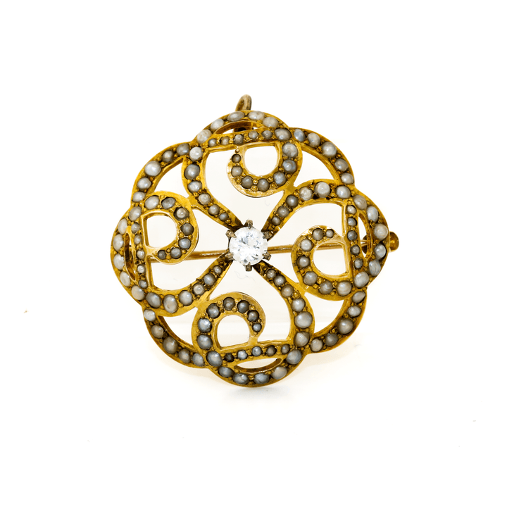 14k Gold x Antique White Sapphire & Pearl Spiral Brooch - Kingdom Jewelry
