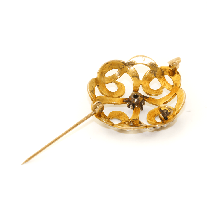 14k Gold x Antique White Sapphire & Pearl Spiral Brooch - Kingdom Jewelry