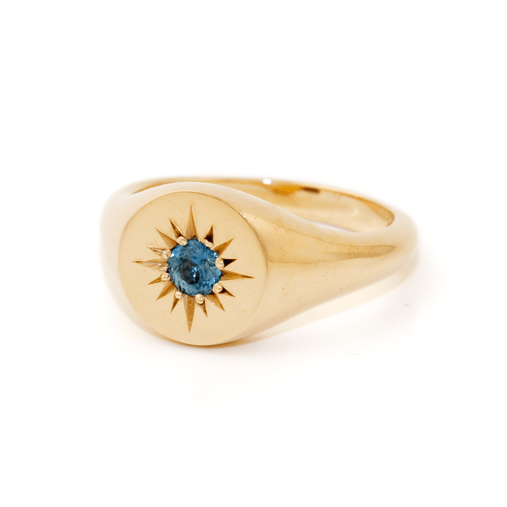 14k Gold x Blue Sapphire Starburst Solitaire Signet - Kingdom Jewelry