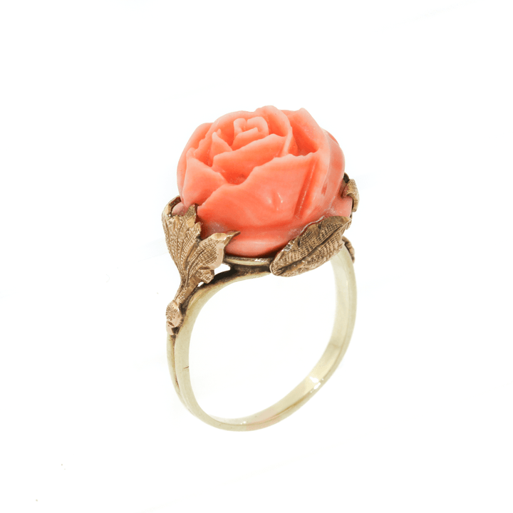 14k Gold x Carved Pink Coral Rose Cocktail Ring - Kingdom Jewelry
