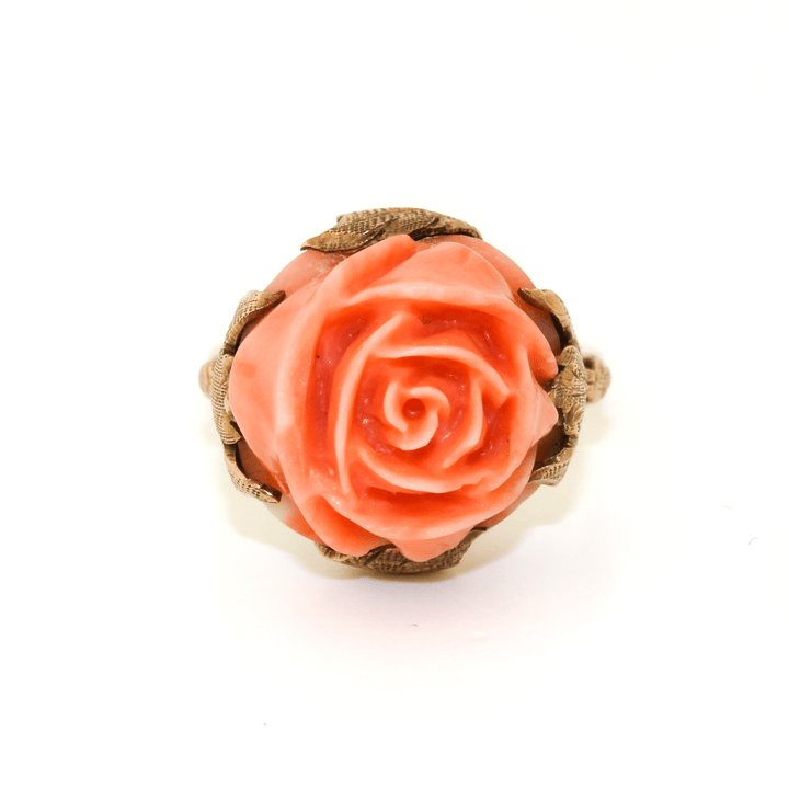14k Gold x Carved Pink Coral Rose Cocktail Ring - Kingdom Jewelry