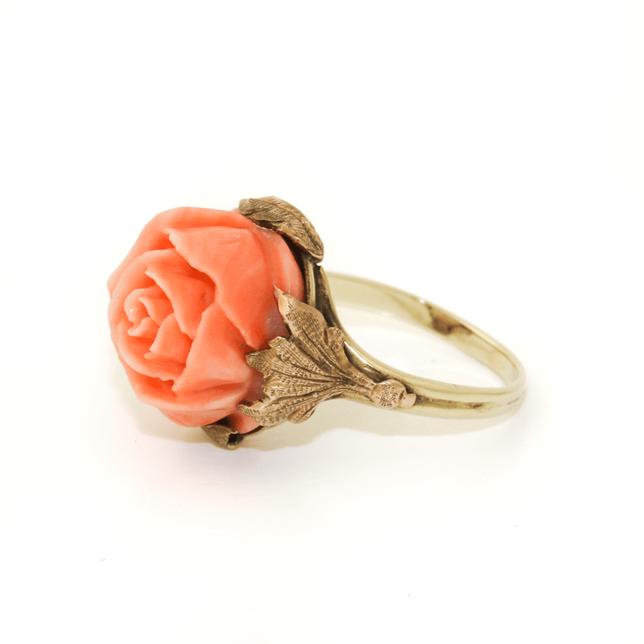 14k Gold x Carved Pink Coral Rose Cocktail Ring - Kingdom Jewelry