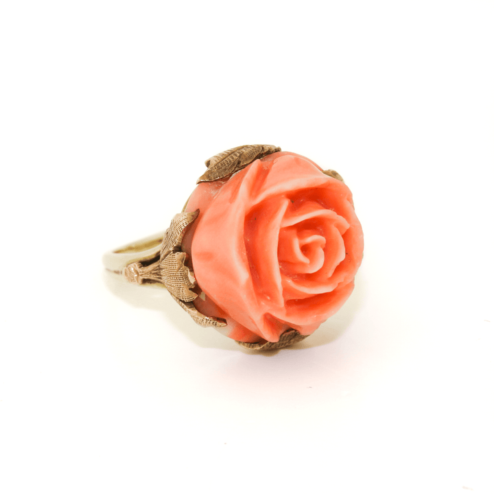 14k Gold x Carved Pink Coral Rose Cocktail Ring - Kingdom Jewelry