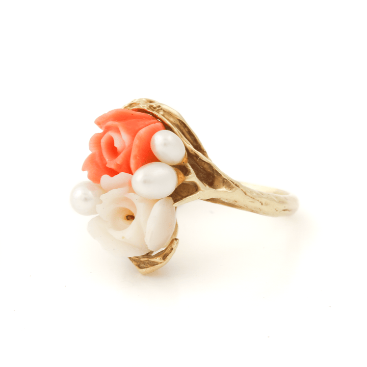 14k Gold x Carved Pink + White Coral Roses & Pearl Cocktail Ring - Kingdom Jewelry