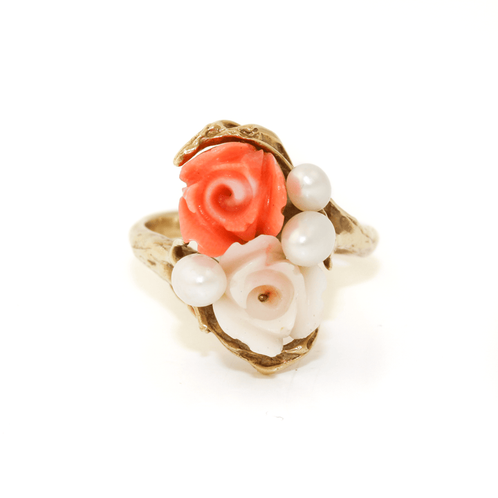 14k Gold x Carved Pink + White Coral Roses & Pearl Cocktail Ring - Kingdom Jewelry