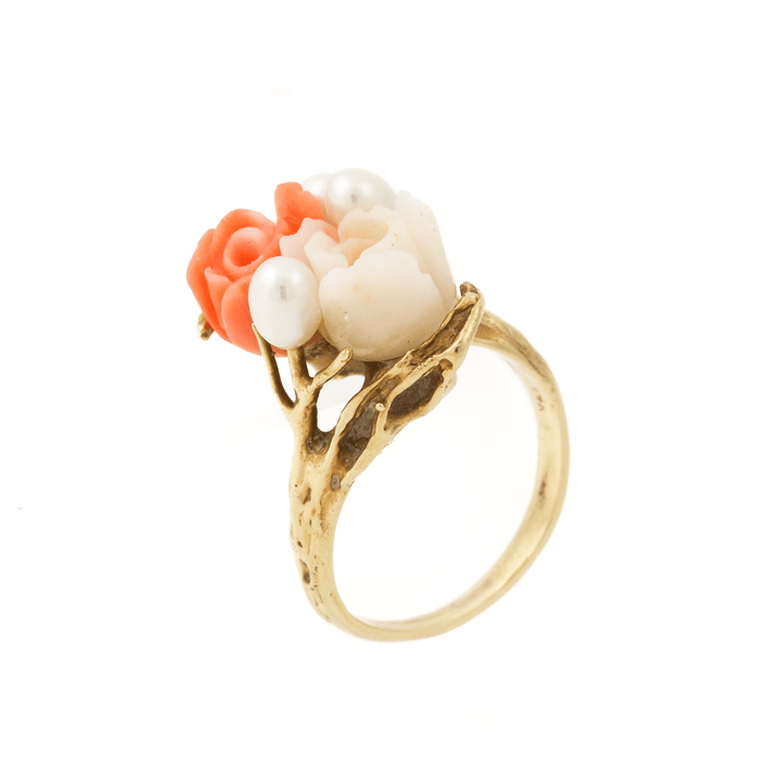 14k Gold x Carved Pink + White Coral Roses & Pearl Cocktail Ring - Kingdom Jewelry