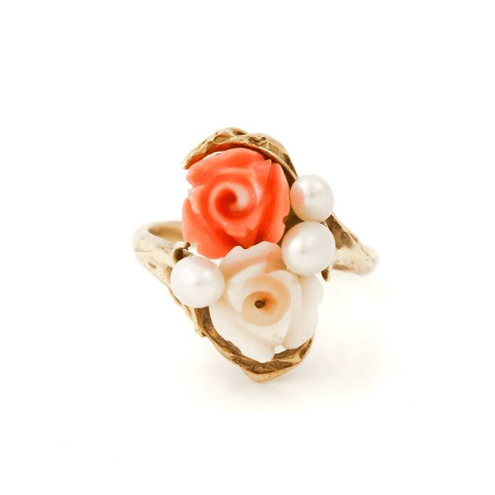 14k Gold x Carved Pink + White Coral Roses & Pearl Cocktail Ring - Kingdom Jewelry
