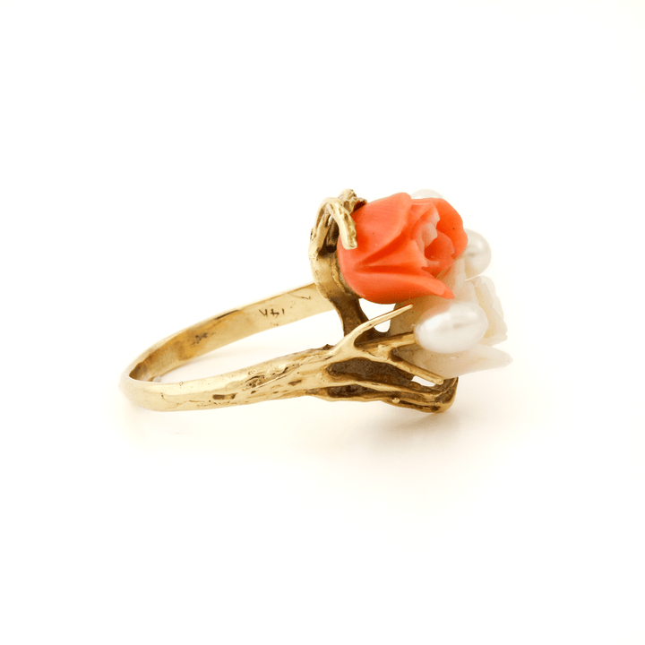 14k Gold x Carved Pink + White Coral Roses & Pearl Cocktail Ring - Kingdom Jewelry