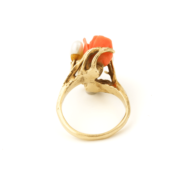 14k Gold x Carved Pink + White Coral Roses & Pearl Cocktail Ring - Kingdom Jewelry