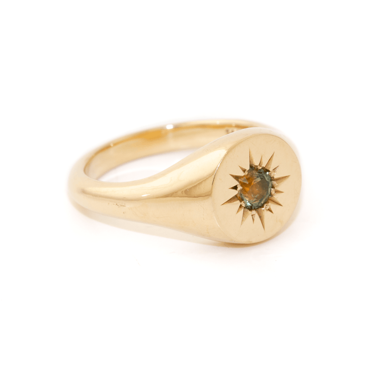 14k Gold x Champagne Parti Sapphire Starburst Solitaire Signet - Kingdom Jewelry