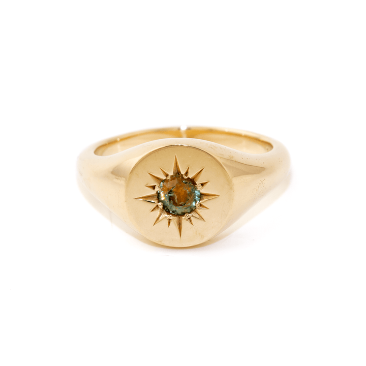 14k Gold x Champagne Parti Sapphire Starburst Solitaire Signet - Kingdom Jewelry