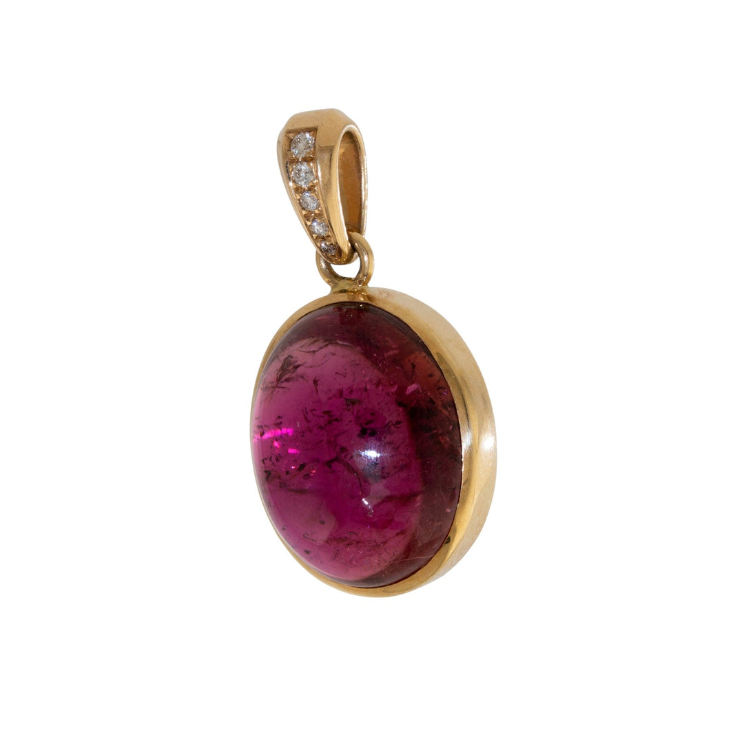 14k Gold x Domed Oval Rubellite Tourmaline & Diamond Pendant - Kingdom Jewelry