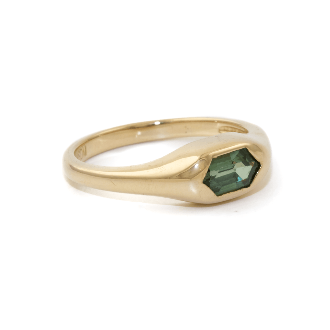 14k Gold x Elongated Hexagon Teal Sapphire Solitaire - Kingdom Jewelry