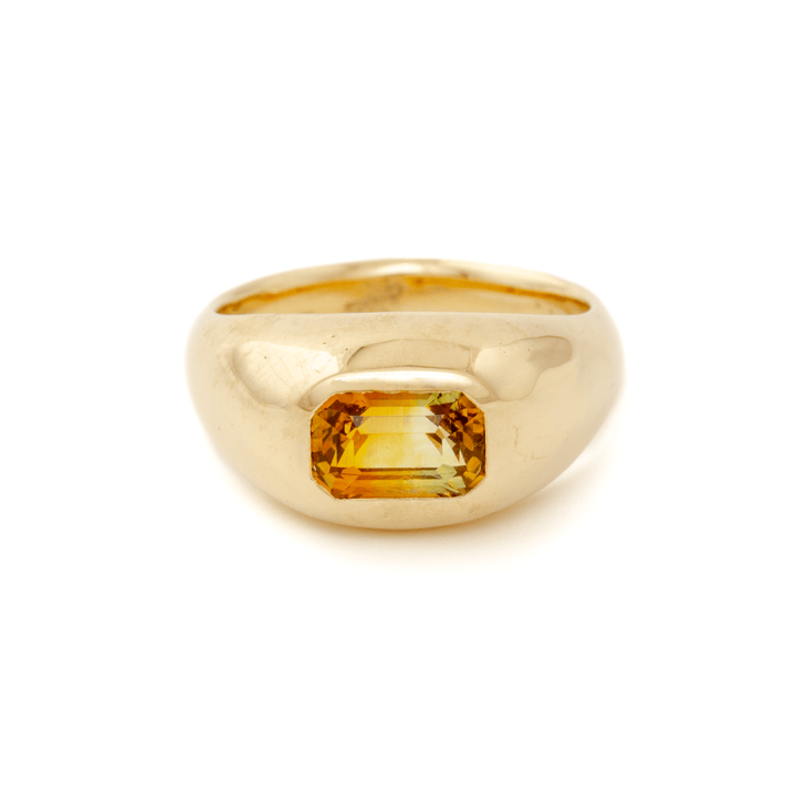 14k Gold x Emerald - Cut Parti Sapphire Gypsy Solitaire Signet - Kingdom Jewelry