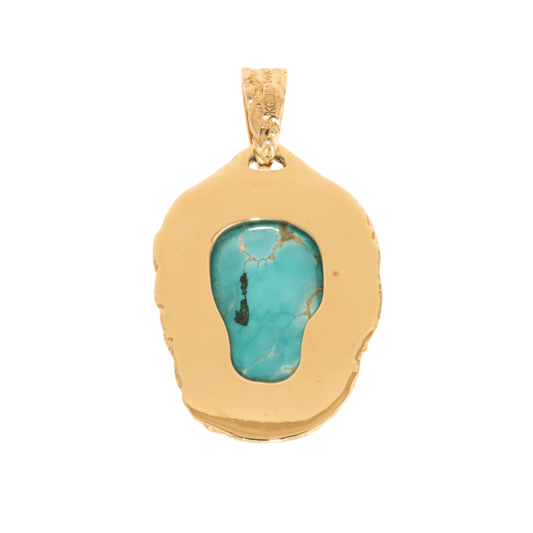 14k Gold x Hand - Carved "Lee Downey" Turquoise Skull Pendant - Kingdom Jewelry