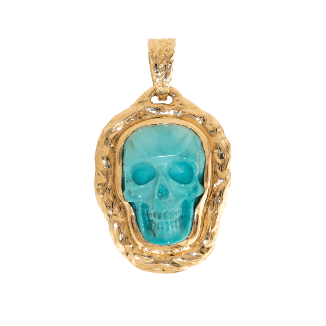 14k Gold x Hand - Carved "Lee Downey" Turquoise Skull Pendant - Kingdom Jewelry