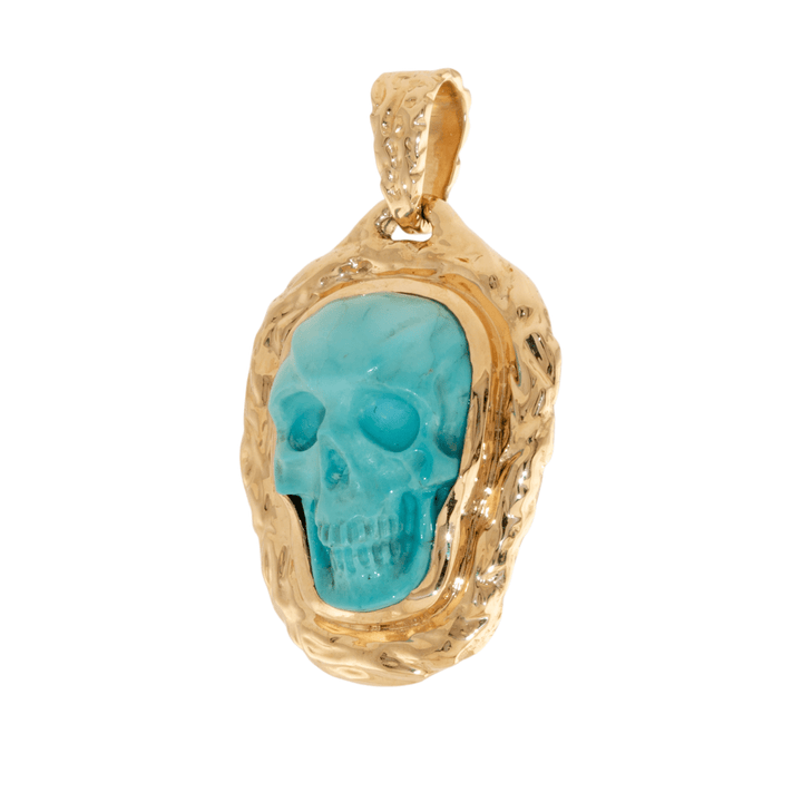 14k Gold x Hand - Carved "Lee Downey" Turquoise Skull Pendant - Kingdom Jewelry