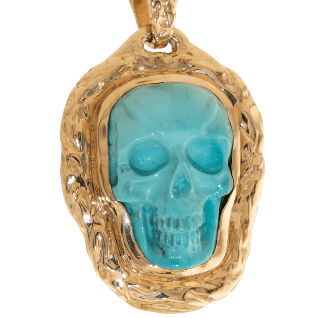 14k Gold x Hand - Carved "Lee Downey" Turquoise Skull Pendant - Kingdom Jewelry