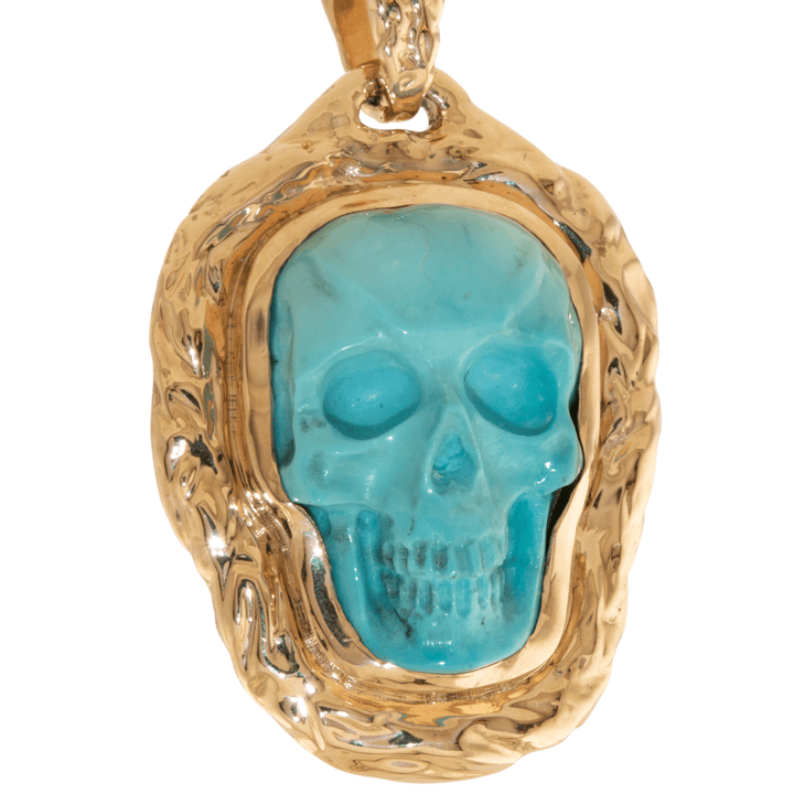 14k Gold x Hand - Carved "Lee Downey" Turquoise Skull Pendant - Kingdom Jewelry