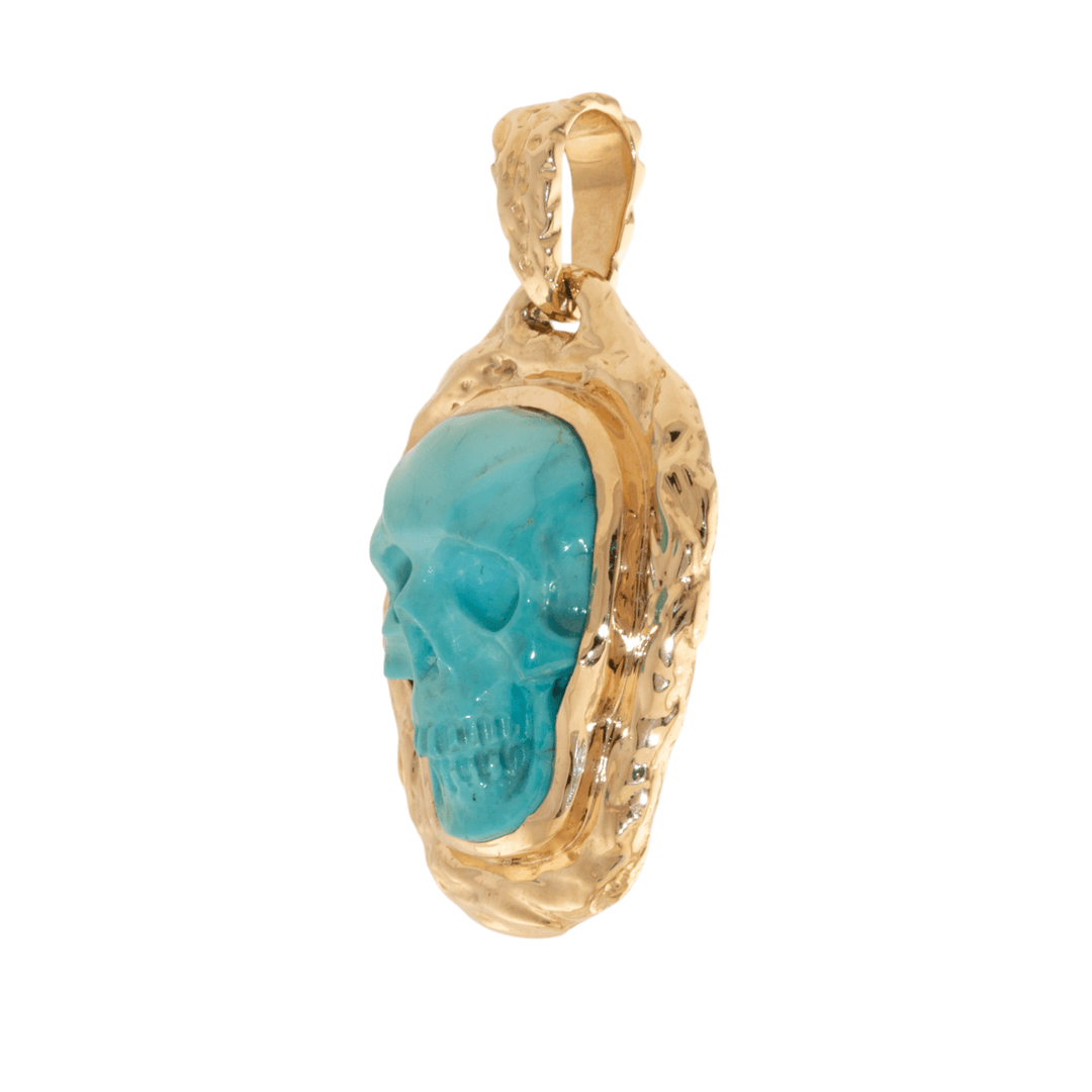 14k Gold x Hand - Carved "Lee Downey" Turquoise Skull Pendant - Kingdom Jewelry
