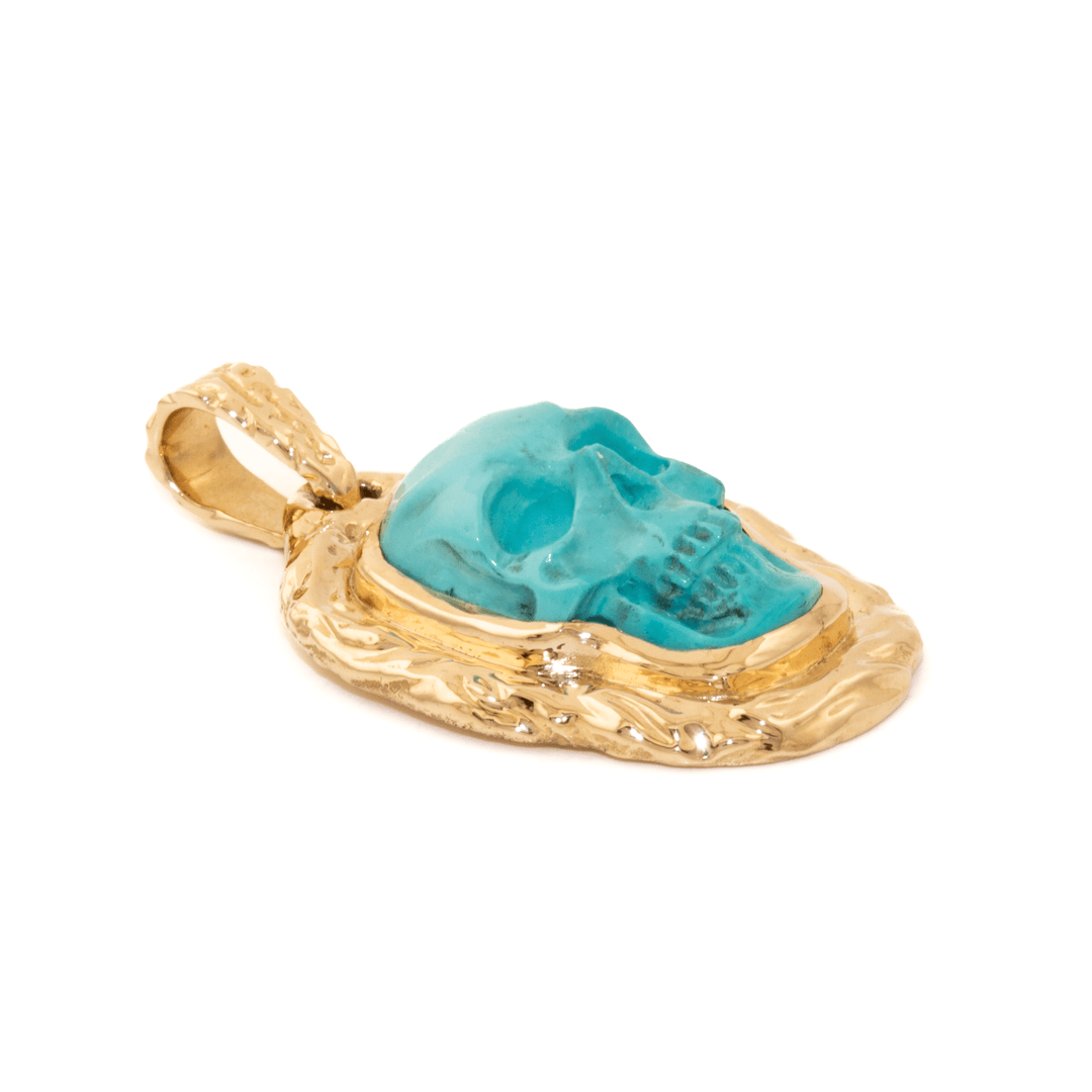 14k Gold x Hand - Carved "Lee Downey" Turquoise Skull Pendant - Kingdom Jewelry