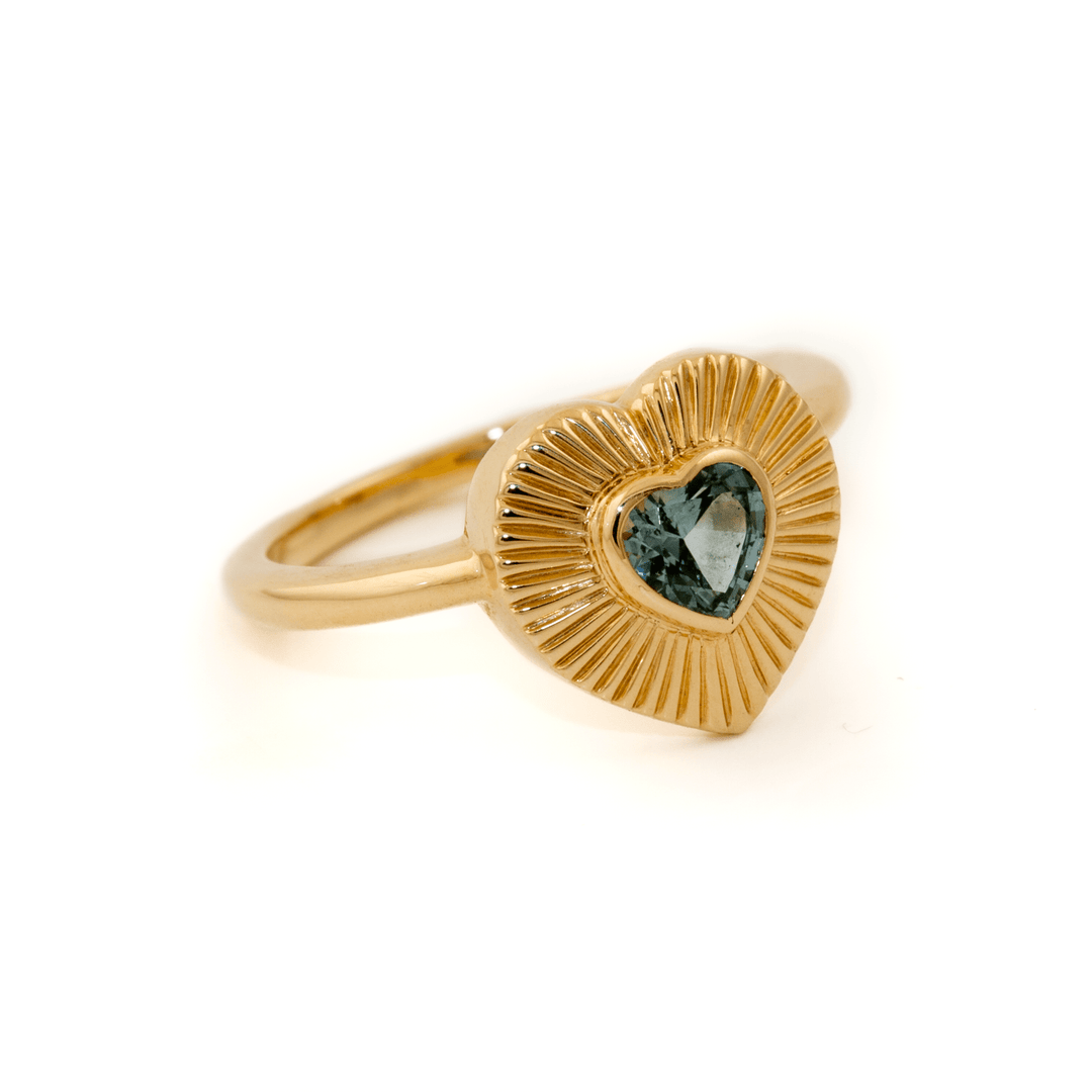 14k Gold x Heart - Shape Blue Sapphire Sunburst Ring - Kingdom Jewelry