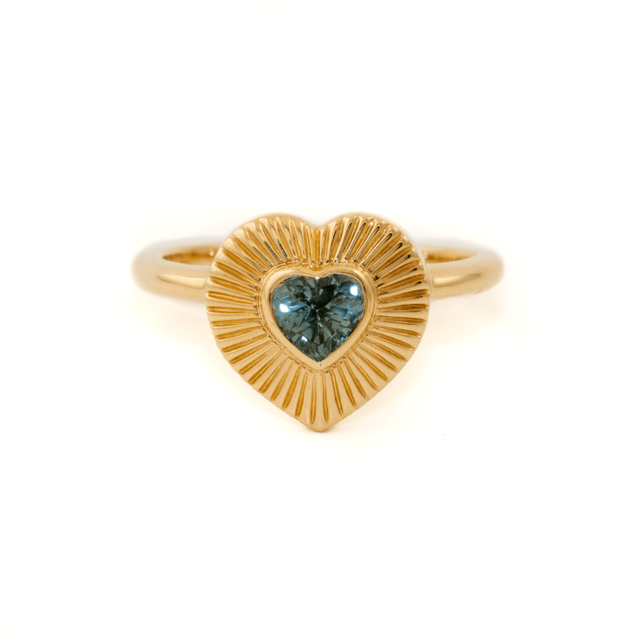 14k Gold x Heart - Shape Blue Sapphire Sunburst Ring - Kingdom Jewelry