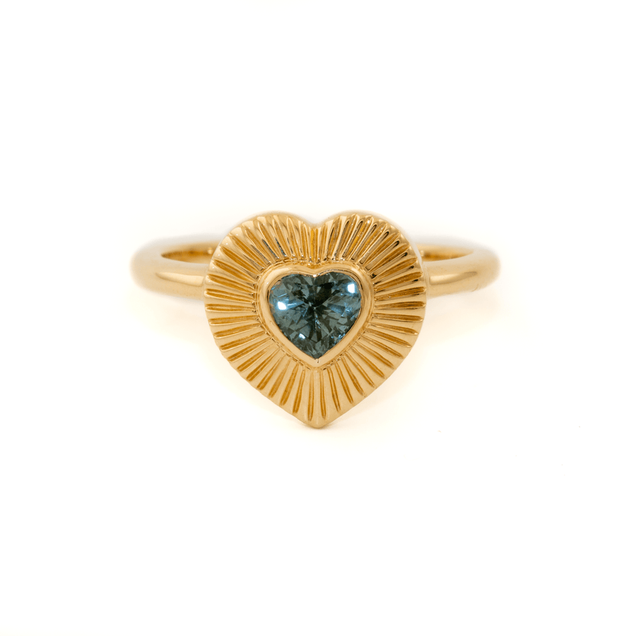 14k Gold x Heart - Shape Blue Sapphire Sunburst Ring - Kingdom Jewelry