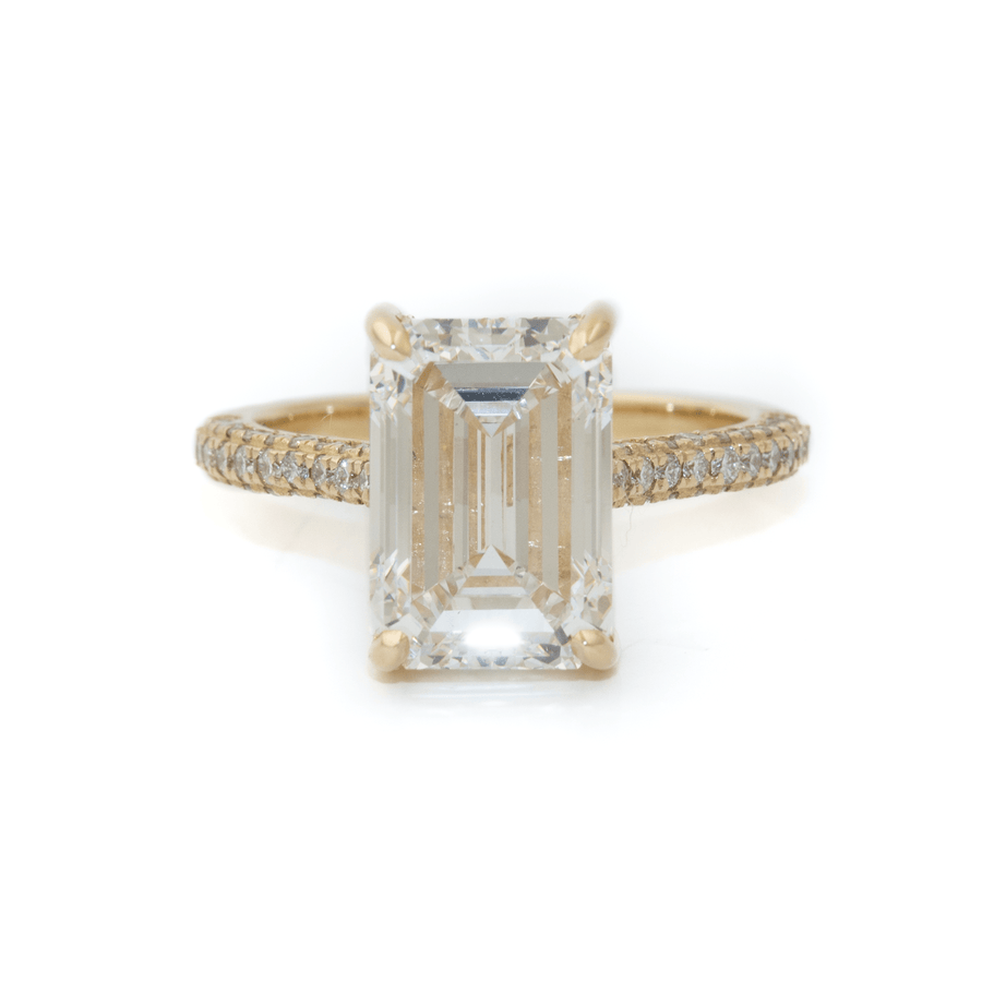 14k Gold x Hidden Halo 4.51ct VS1 E Emerald - Cut Lab Diamond Low - Set Solitaire + ½ Eternity Triple Pavé Band - Kingdom Jewelry