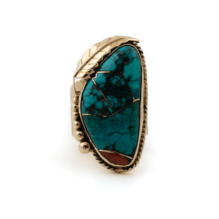 14k Gold x Massive Leaf - Bezel Turquoise & Red Coral Navajo Ring - Kingdom Jewelry