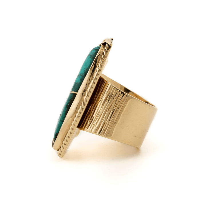 14k Gold x Massive Leaf - Bezel Turquoise & Red Coral Navajo Ring - Kingdom Jewelry