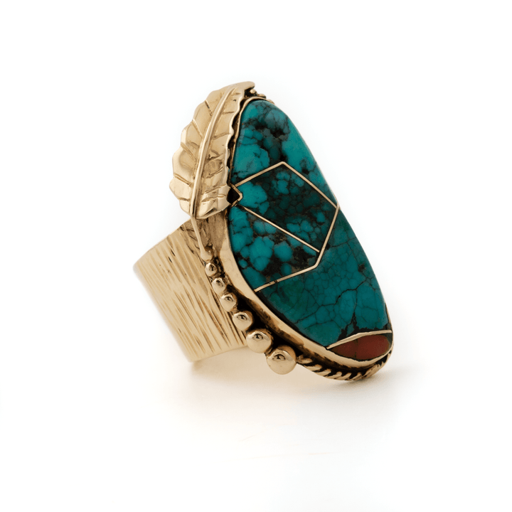 14k Gold x Massive Leaf - Bezel Turquoise & Red Coral Navajo Ring - Kingdom Jewelry