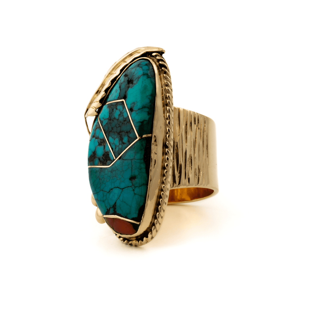 14k Gold x Massive Leaf - Bezel Turquoise & Red Coral Navajo Ring - Kingdom Jewelry