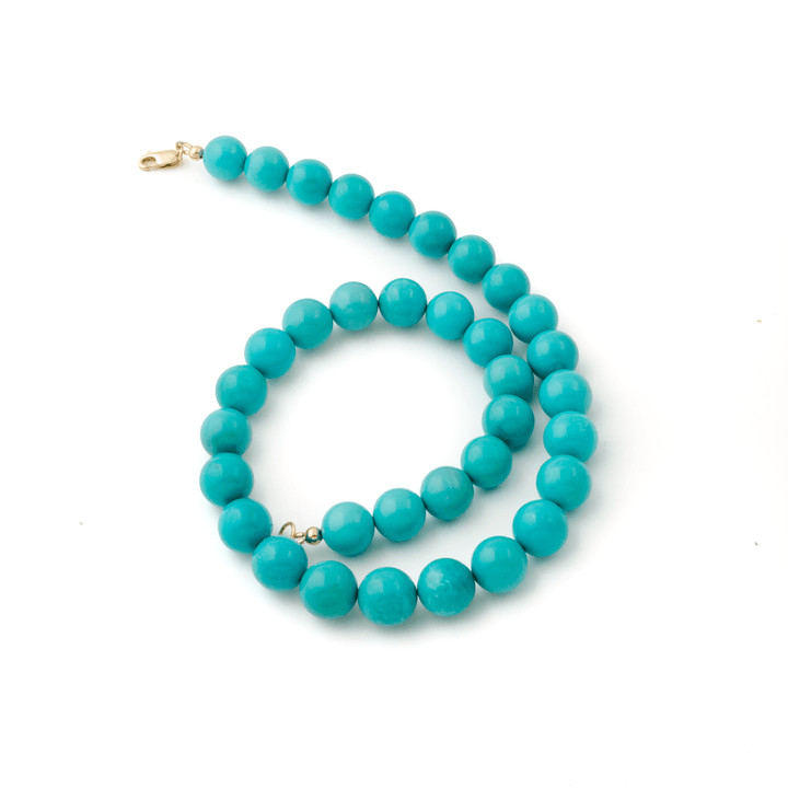 14k Gold x Natural 9mm Sleeping Beauty Turquoise AA Round Beaded Strand - Kingdom Jewelry