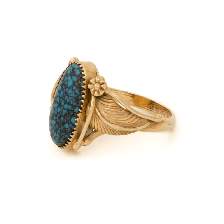 14k Gold x Natural Nevada Spiderweb Turquoise Leaf - Motif Navajo Ring - Kingdom Jewelry