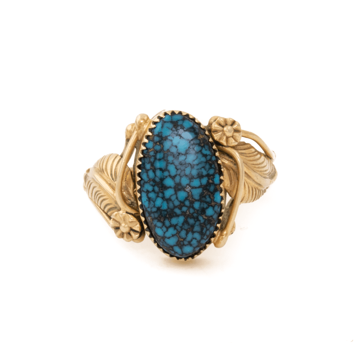 14k Gold x Natural Nevada Spiderweb Turquoise Leaf - Motif Navajo Ring - Kingdom Jewelry