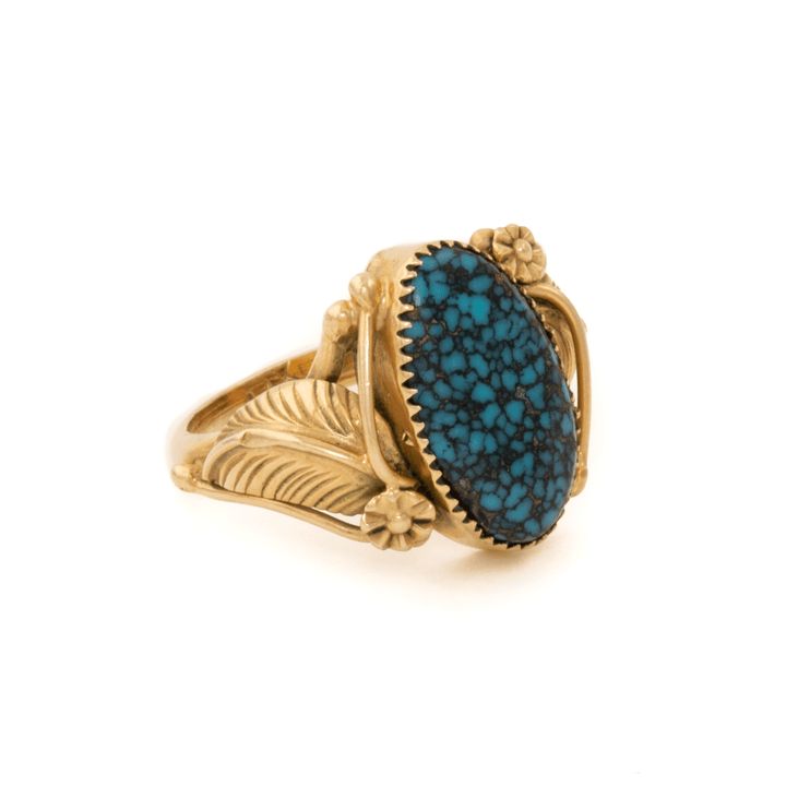 14k Gold x Natural Nevada Spiderweb Turquoise Leaf - Motif Navajo Ring - Kingdom Jewelry