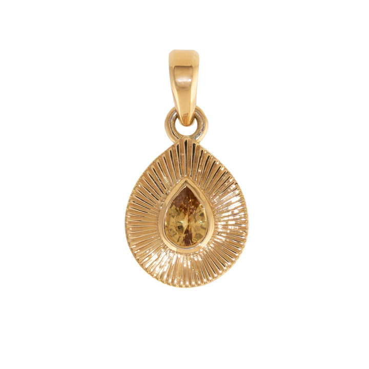 14k Gold x Pear - Shape Honey Sapphire Sunburst Deco Pendant - Kingdom Jewelry