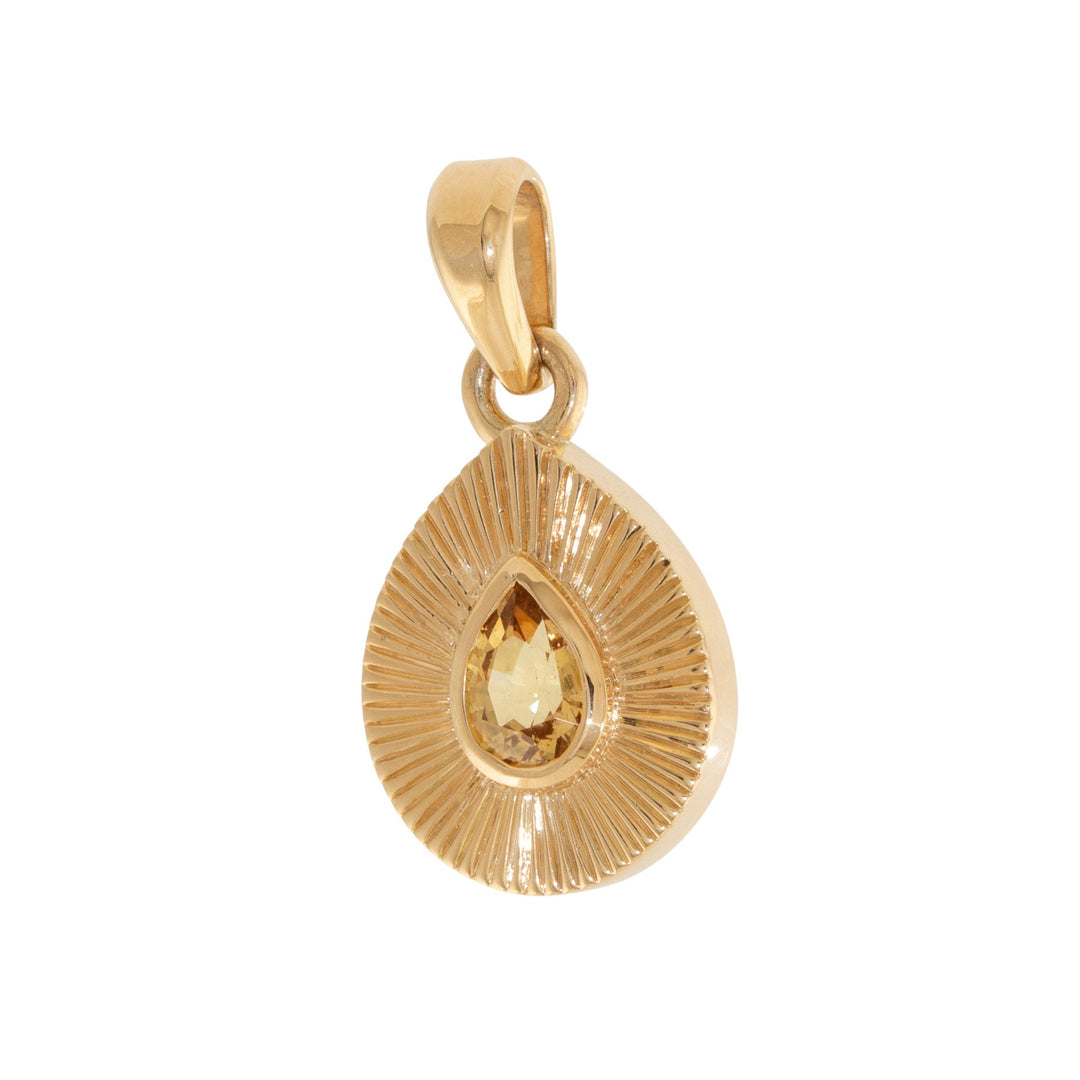 14k Gold x Pear - Shape Honey Sapphire Sunburst Deco Pendant - Kingdom Jewelry