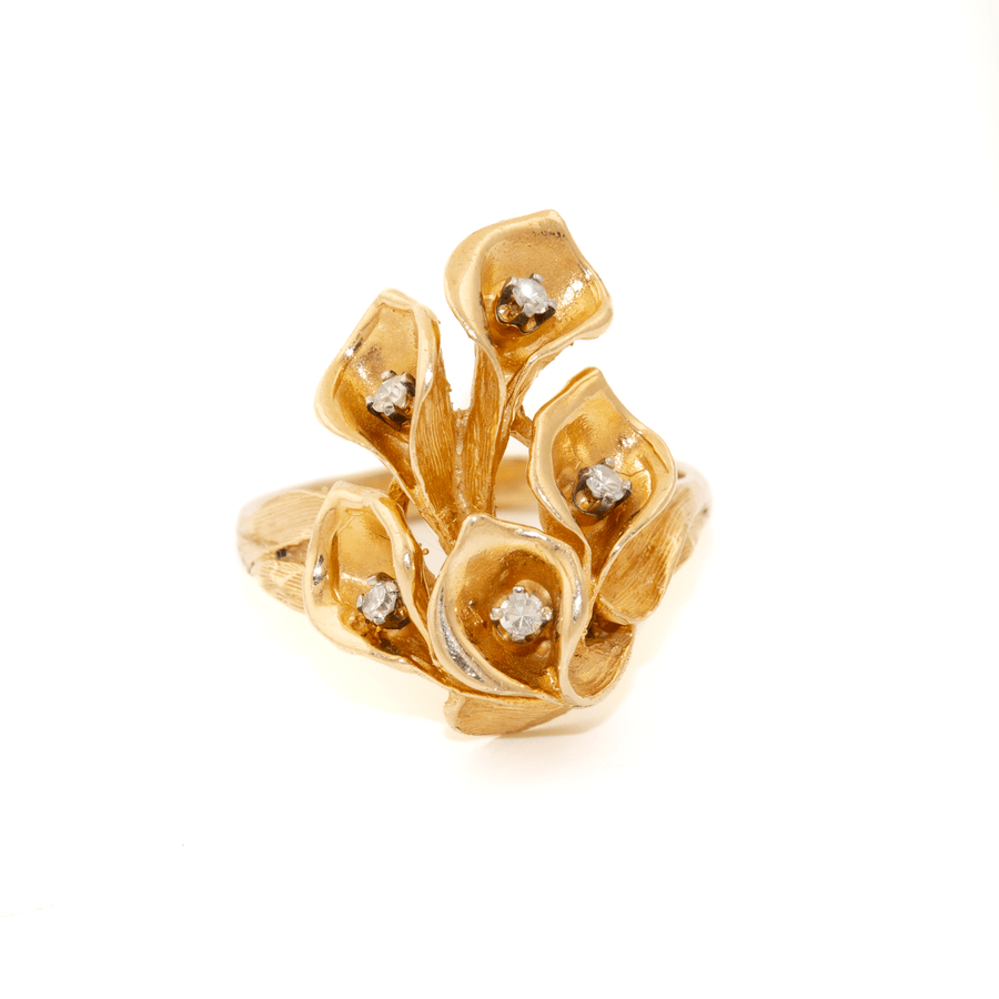 14k Gold x Peculiar 1970's Calla Lily Bouquet Diamond Cocktail Ring - Kingdom Jewelry