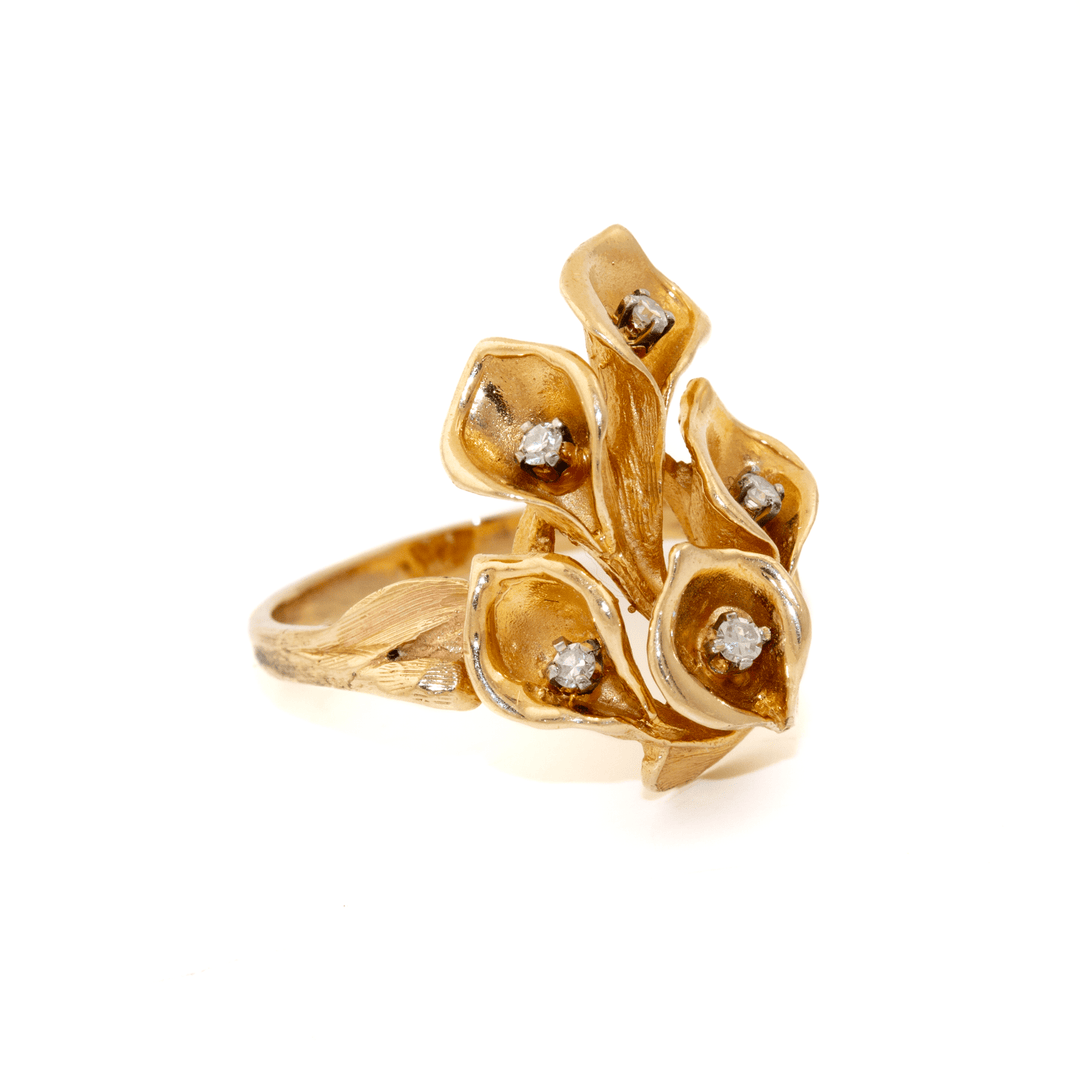 14k Gold x Peculiar 1970's Calla Lily Bouquet Diamond Cocktail Ring - Kingdom Jewelry