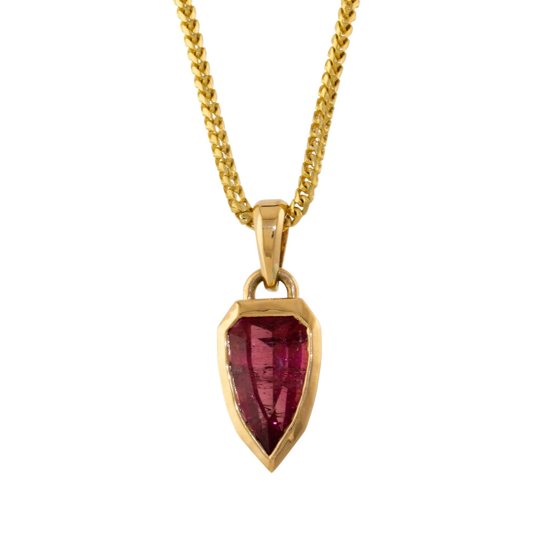 14k Gold x Rubellite Tourmaline Bezel - Set Shield Pendant - Kingdom Jewelry