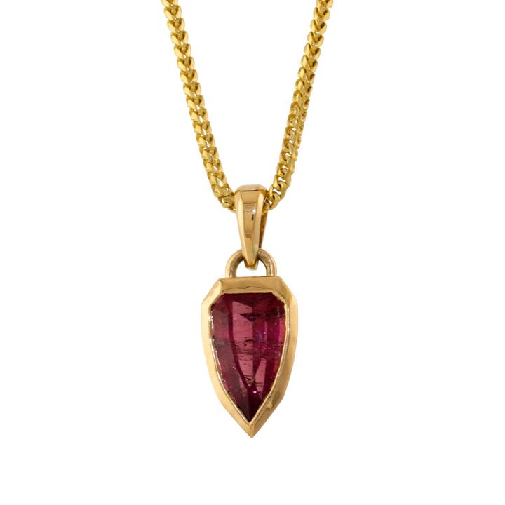 14k Gold x Rubellite Tourmaline Bezel - Set Shield Pendant - Kingdom Jewelry