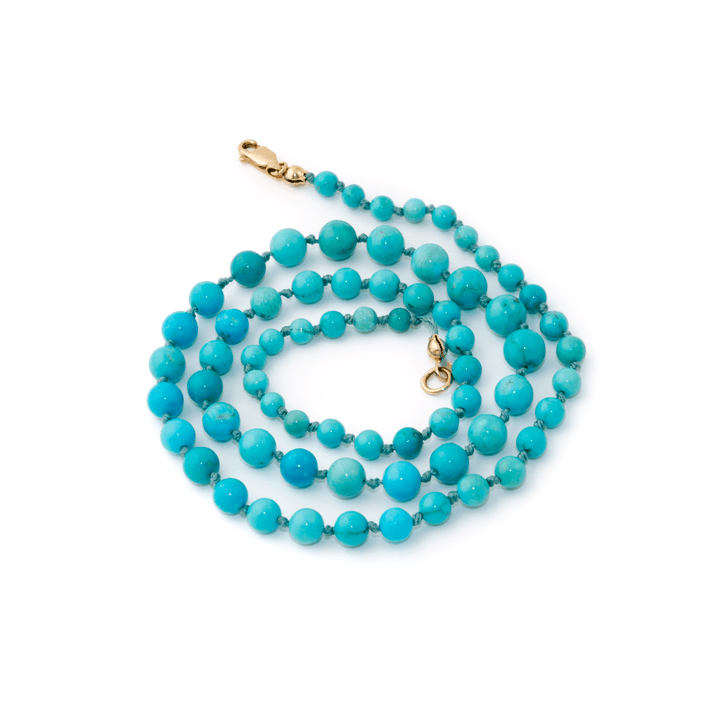 14k Gold x Silk - Knotted Mixed Kingman & Sleeping Beauty Turquoise Graduated Bead Necklace - Kingdom Jewelry