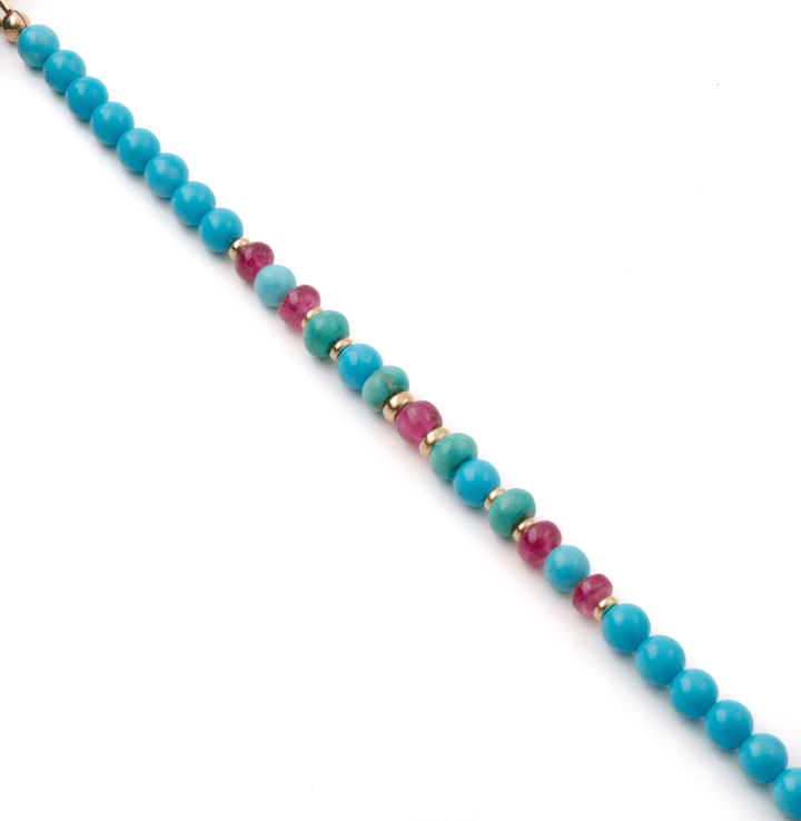 14k Gold x Sleeping Beauty Turquoise & Rubellite Tourmaline Gem Bead Bracelet - Kingdom Jewelry