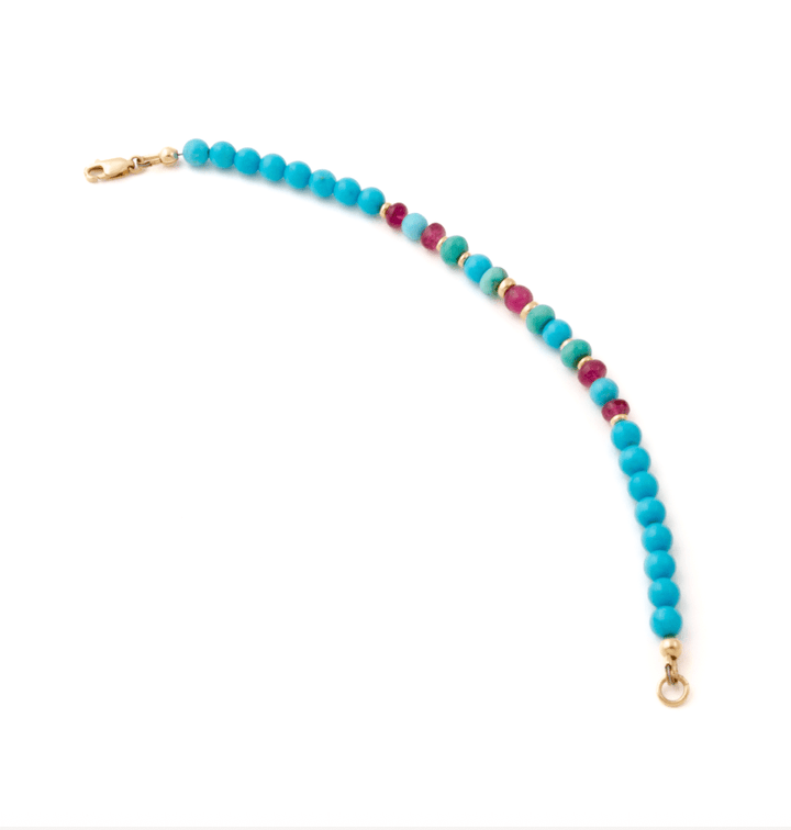 14k Gold x Sleeping Beauty Turquoise & Rubellite Tourmaline Gem Bead Bracelet - Kingdom Jewelry