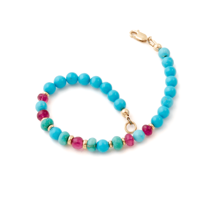 14k Gold x Sleeping Beauty Turquoise & Rubellite Tourmaline Gem Bead Bracelet - Kingdom Jewelry