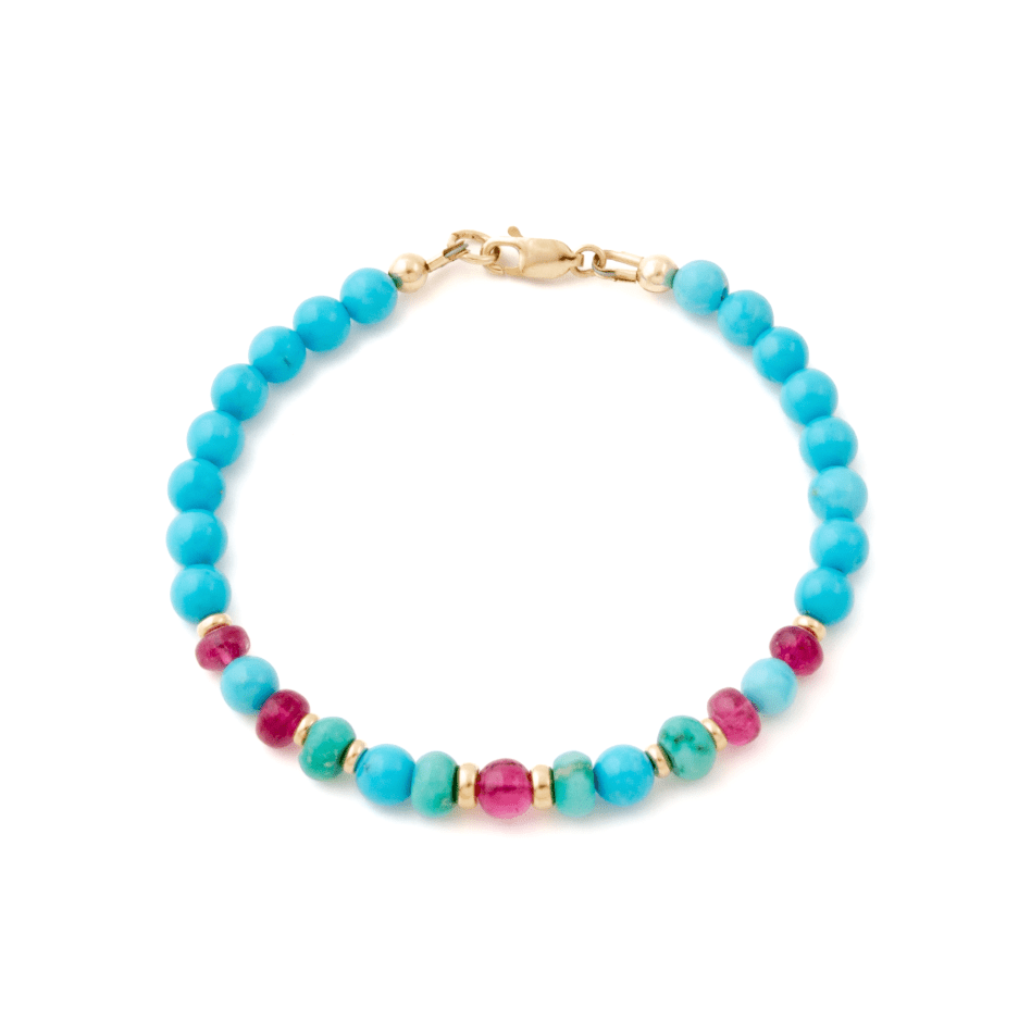 14k Gold x Sleeping Beauty Turquoise & Rubellite Tourmaline Gem Bead Bracelet - Kingdom Jewelry